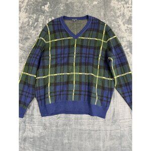 Crown & Ivy Blue Green Plaid V-Neck Sweater XL Long Sleeve